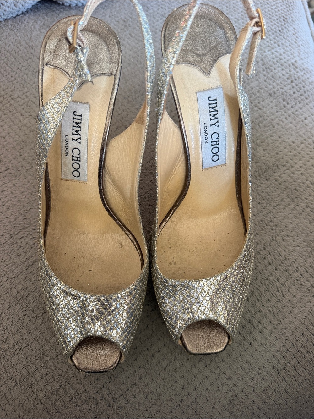 Jimmy Choo Gold Glitter Peep-Toe Slingback Heels